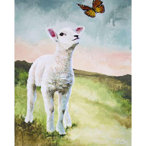 

My Sheep Hear My Voice by Mindi Oaten, showing a lamb looking toward a monarch butterfly in a green field.