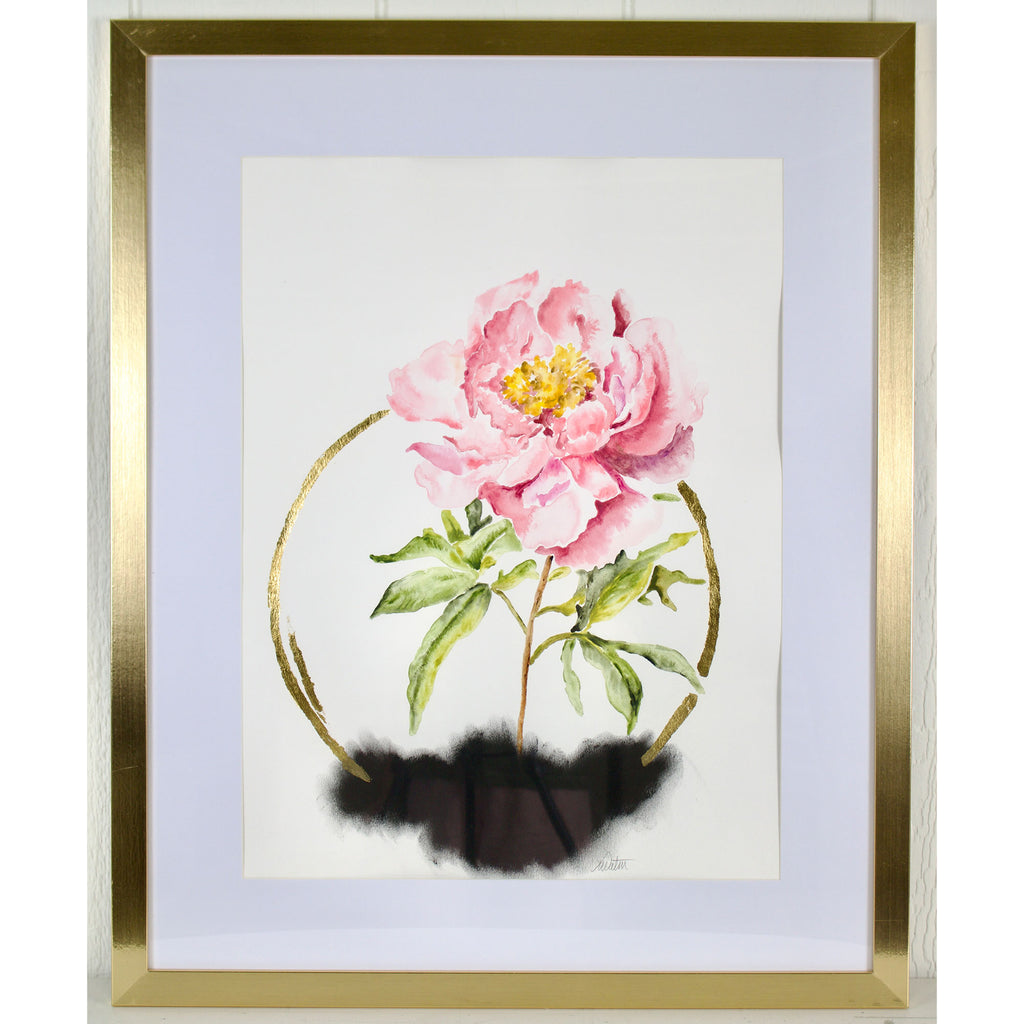 Framed artwork of a pink flower with green leaves on a light blue background
