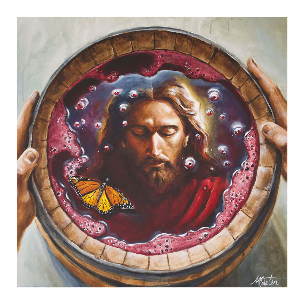 Reflecting Him painting by Mindi Oaten showing the reflection of Jesus in wine as a symbol of transformation in Christ