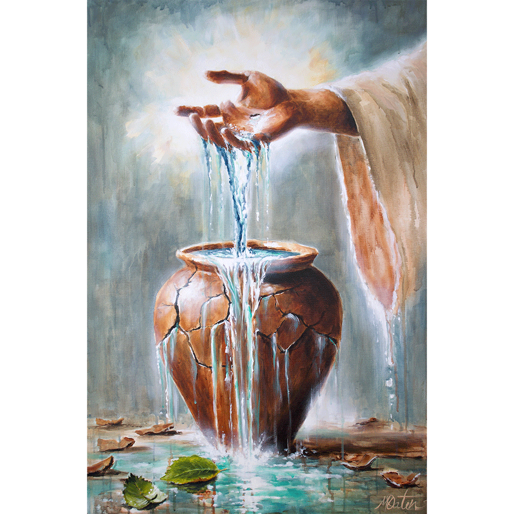 

Refresh: Overflowing with His Living Water by Mindi Oaten, showing Jesus pouring water from His hand into a cracked clay vessel.