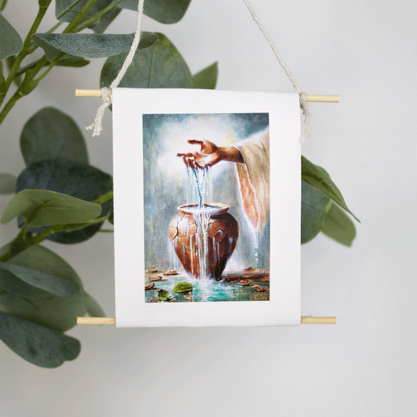Mini collectible art of Jesus pouring living water into a cracked vessel — Refresh by Mindi Oaten, symbolizing renewal and the healing presence of God.