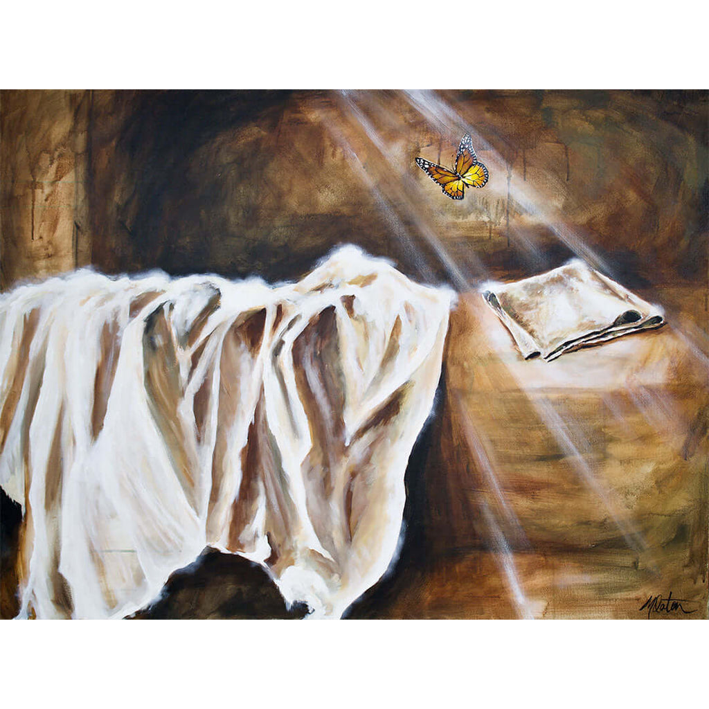 I Will Be Back painting by Mindi Oaten depicting the empty tomb and burial cloths after the resurrection of Jesus in John 20