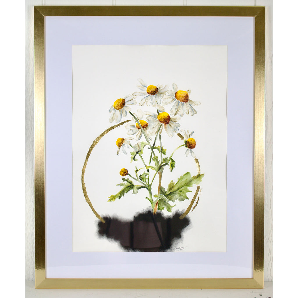 Framed artwork of a plant with flowers on a white background