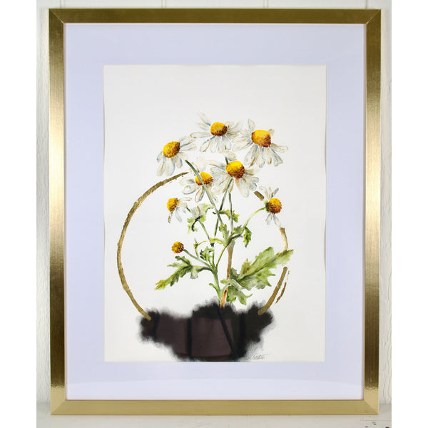 Framed artwork of a plant with flowers on a white background