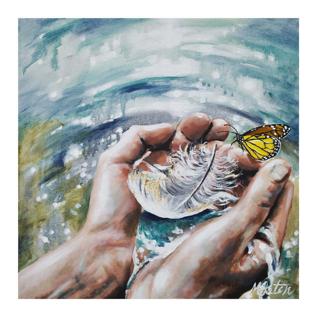 

Born Again by Mindi Oaten, showing cupped hands holding a small nest and feather, with a monarch butterfly nearby.