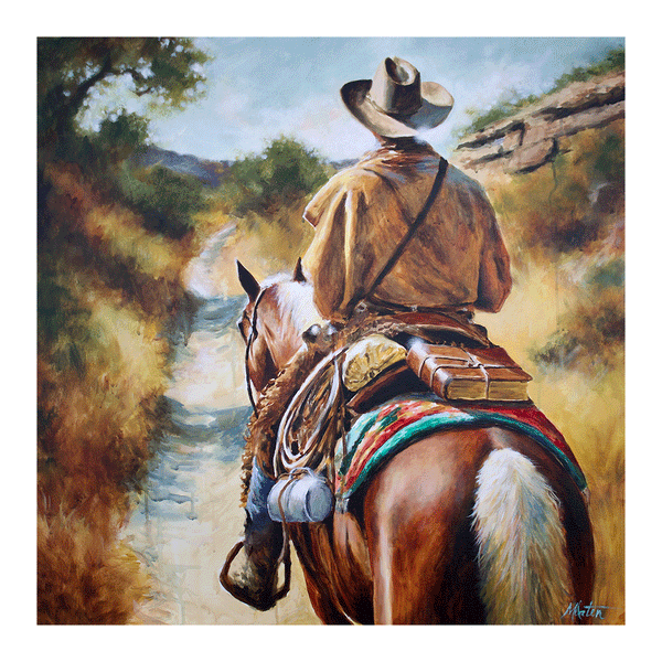 A peaceful painting of a rider on horseback journeying along a quiet path, symbolizing steadfast faith, perseverance, and trusting God’s guidance through every season.