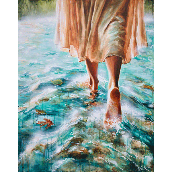Bare feet stepping into a flowing river, ankle-deep in clear moving water, symbolizing entering God’s presence, surrender, and the life-giving flow of His Spirit.