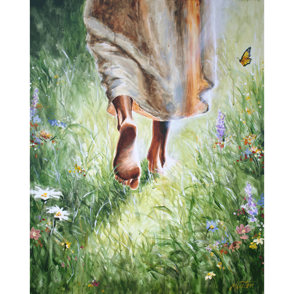 Jesus walking barefoot through grass and wildflowers, symbolizing stepping into new ground and holy ground.