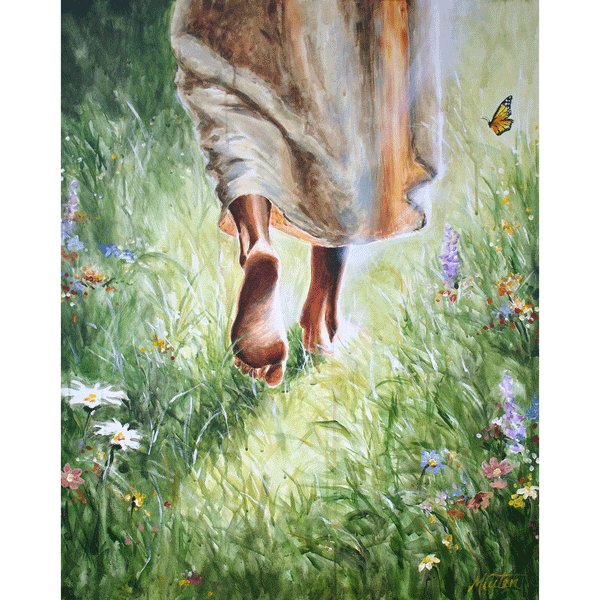 Jesus walking barefoot through grass and wildflowers, symbolizing stepping into new ground and holy ground.