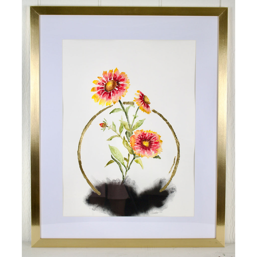 Framed artwork of indian paintbrush flowers with a gold frame on a white background