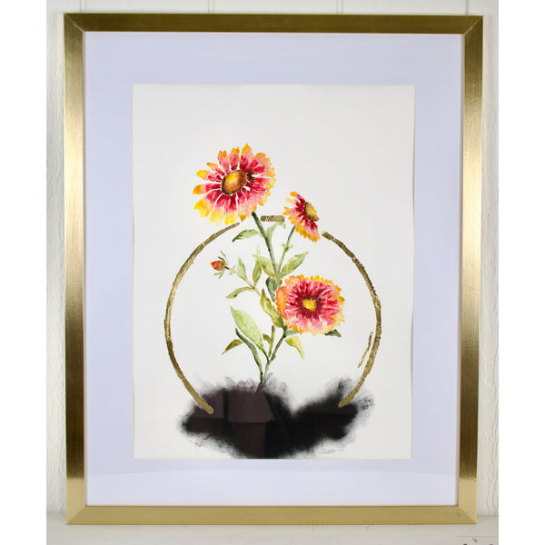 Framed artwork of indian paintbrush flowers with a gold frame on a white background