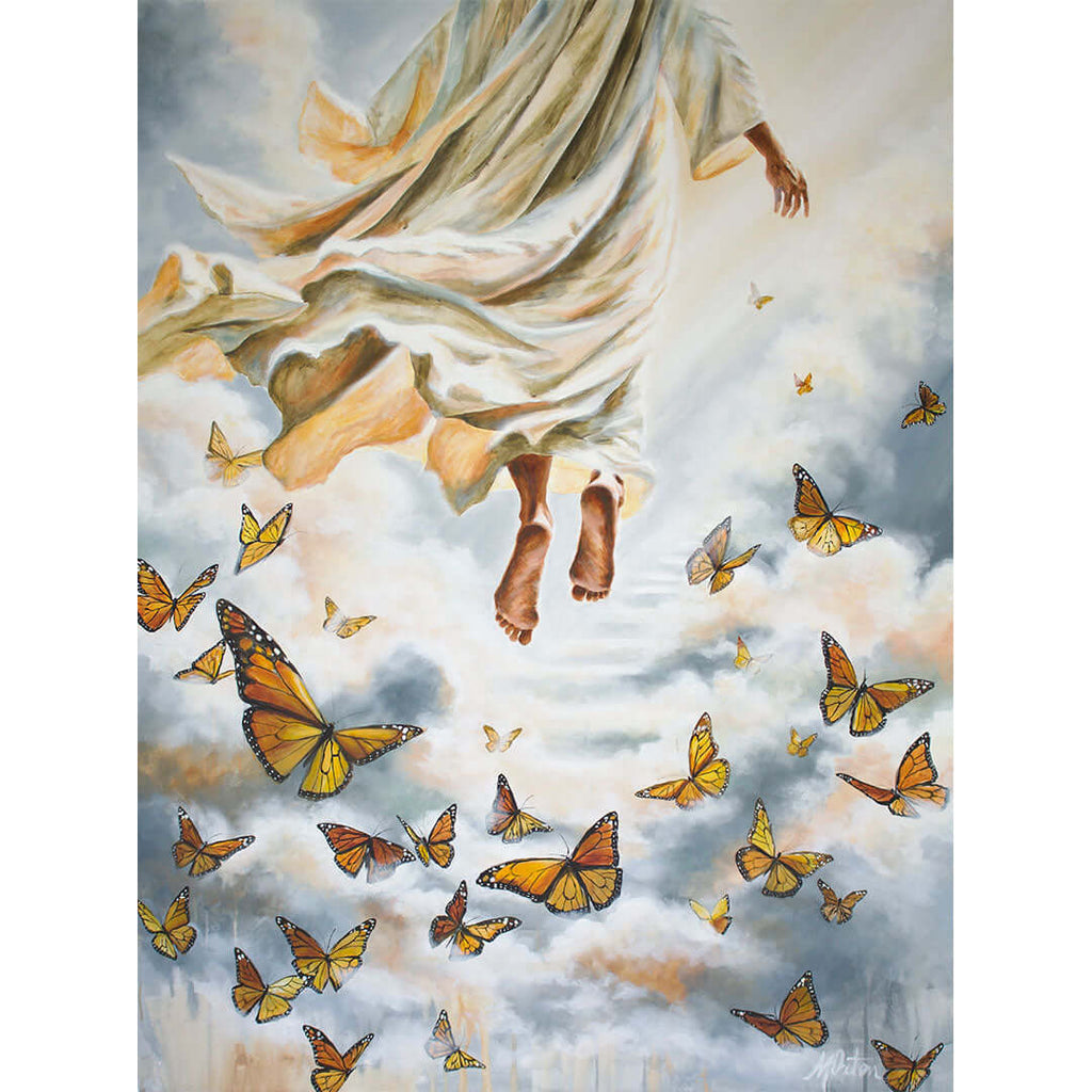 He Ascended into Heaven painting by Mindi Oaten depicting the Ascension of Jesus in Luke 24:50–53
