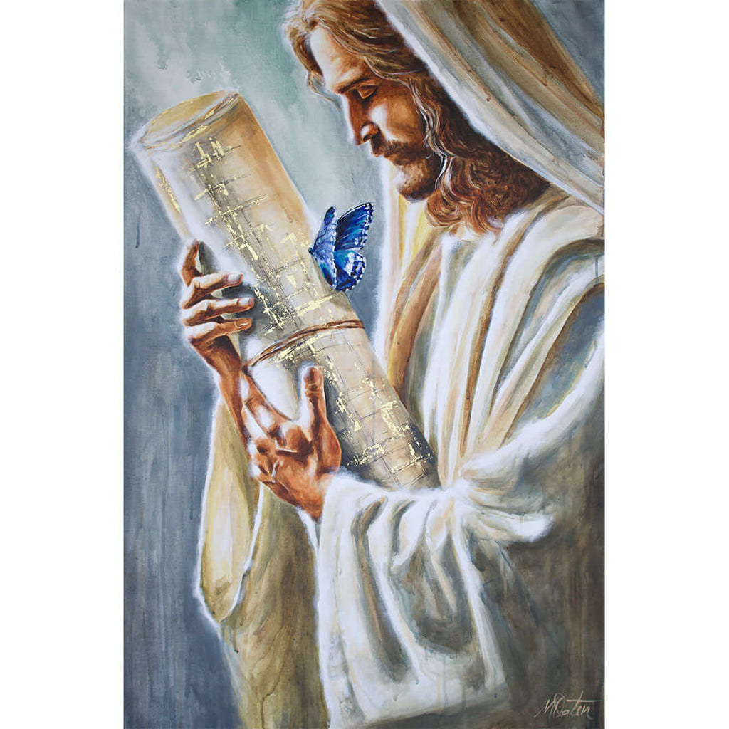 

The Master Blueprint by Mindi Oaten, showing Jesus studying a scroll, with a blue butterfly near His hand.