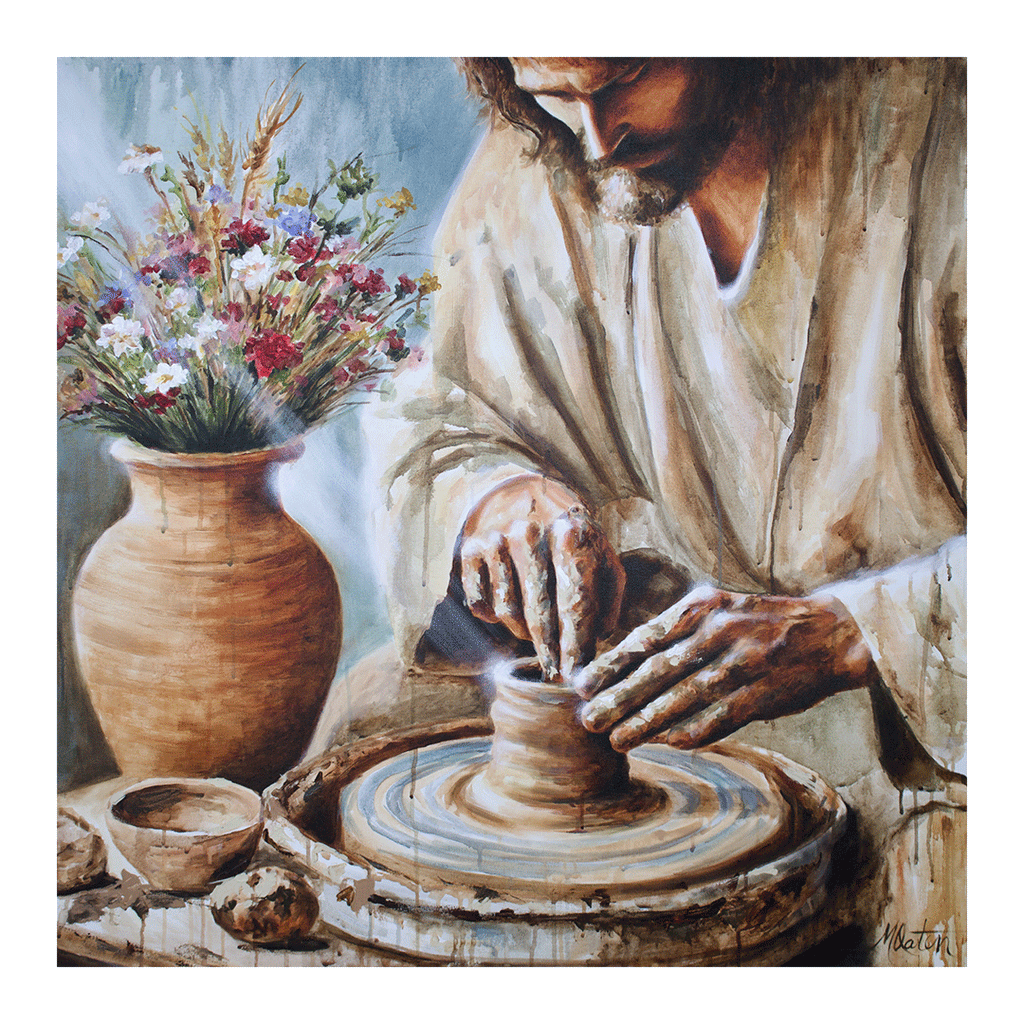 

The Potter's Hand by Mindi Oaten, showing Jesus shaping a clay vessel on a pottery wheel beside flowers.