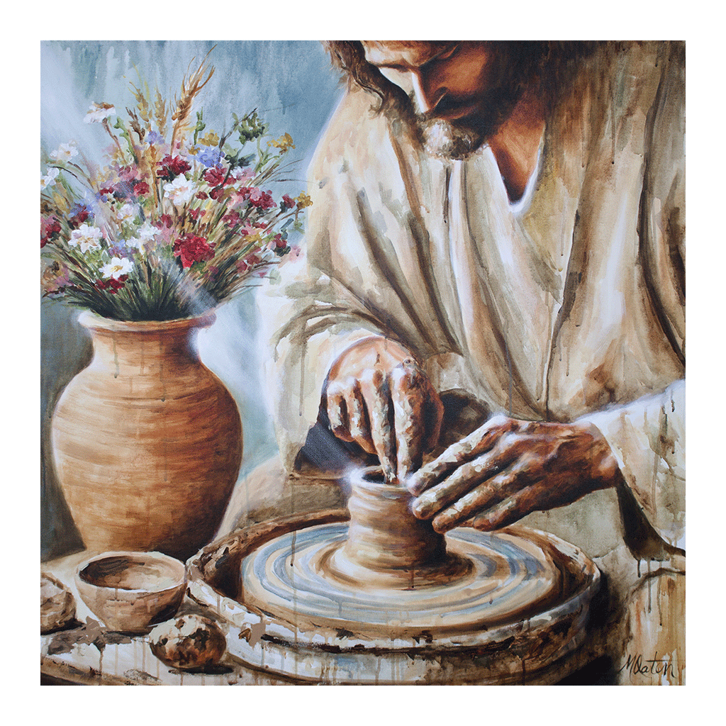 “The Potter’s Hand” by Mindi Oaten — a Christian fine art painting of Jesus forming clay on the wheel, symbolizing renewal, surrender, and being shaped by His touch.
