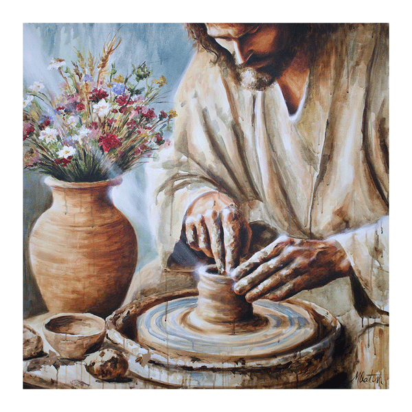 “The Potter’s Hand” by Mindi Oaten — a Christian fine art painting of Jesus forming clay on the wheel, symbolizing renewal, surrender, and being shaped by His touch.
