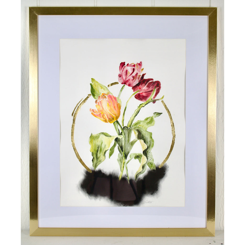 Framed artwork of tulips on a white background