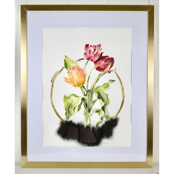 Framed artwork of tulips on a white background