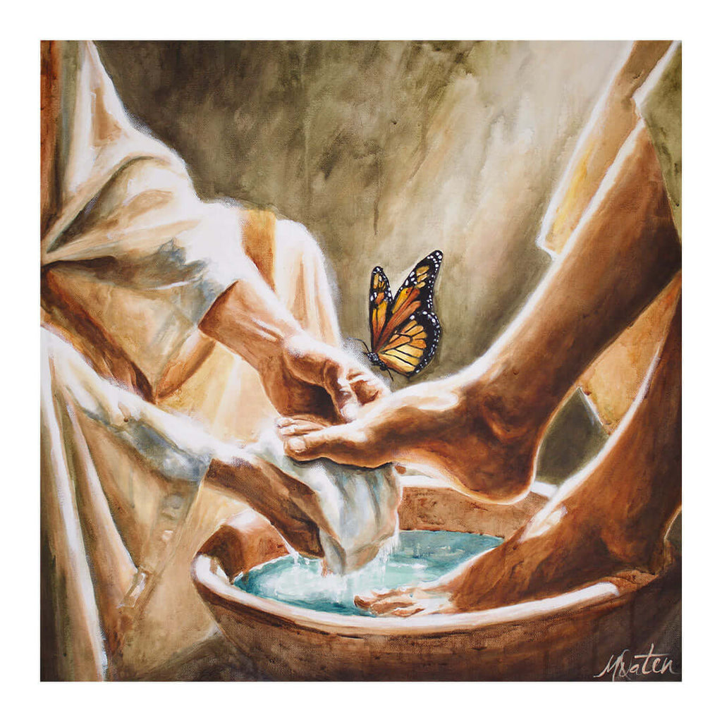 Unless I Wash You painting by Mindi Oaten depicting Jesus washing His disciples' feet in John 13