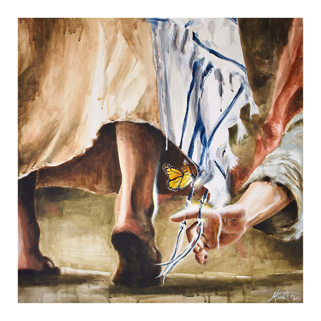 Who Touched Me painting by Mindi Oaten depicting the woman healed after touching Jesus in Luke 8
