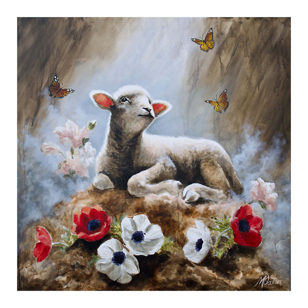 Prophetic Christian painting of the Lamb of God resting on an altar of ash and earth, surrounded by red and white anemones and butterflies symbolizing redemption, resurrection, and transformation through Jesus Christ.