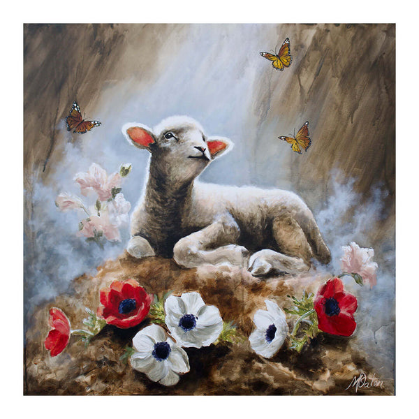 Prophetic Christian painting of the Lamb of God resting on an altar of ash and earth, surrounded by red and white anemones and butterflies symbolizing redemption, resurrection, and transformation through Jesus Christ.