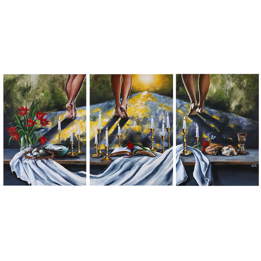 1, 2 & 3 John Bible art set by Mindi Oaten depicting Perfect Love, Perfect Truth & Perfect Example.