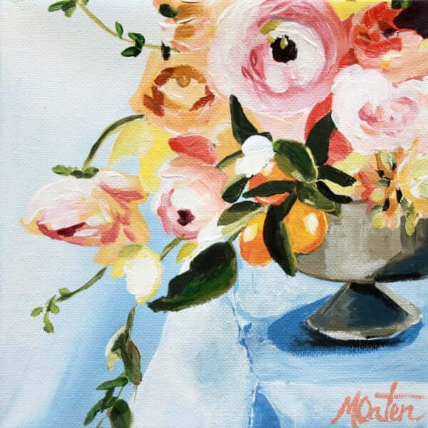 

Blush & Blue in Vase by Mindi Oaten, showing pink and cream flowers with small orange fruit in a dark vase.