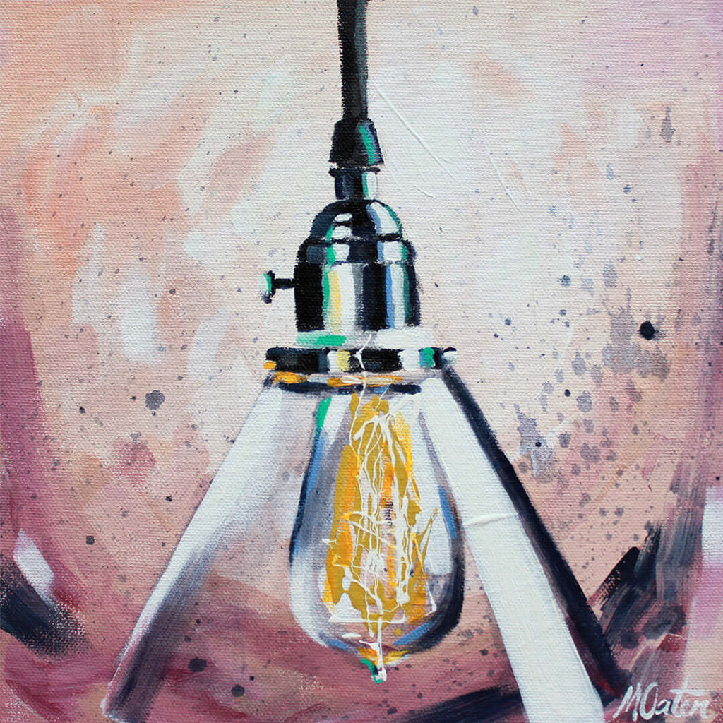

Illuminate 1 by Mindi Oaten, showing a glowing light bulb in a geometric hanging fixture against pink brushwork.