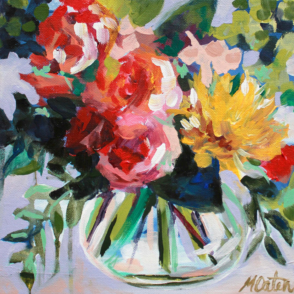 

Petit Jete by Mindi Oaten, showing red, pink and yellow flowers in a rounded glass vase.