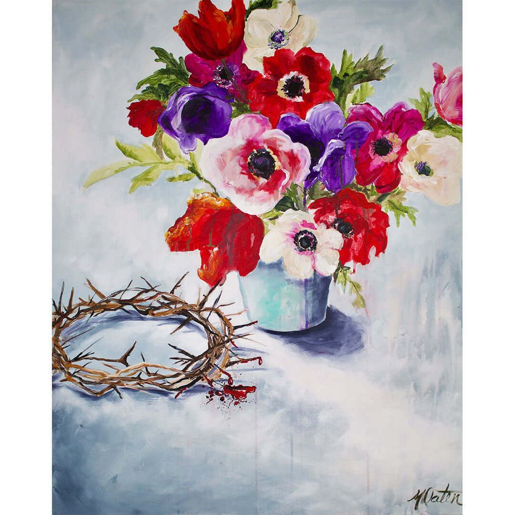 

A Better Word by Mindi Oaten, showing colorful flowers in a pale blue vase beside a crown of thorns.