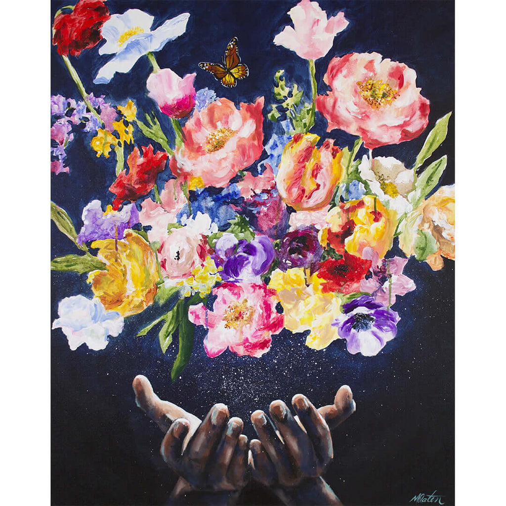 

A Garden of Prayer by Mindi Oaten, showing a colorful garden of flowers above upturned hands against a dark background.