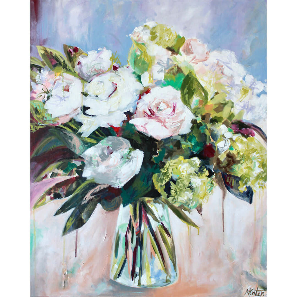 

A Perfect Thank You by Mindi Oaten, showing white and pale pink flowers in a clear glass vase.