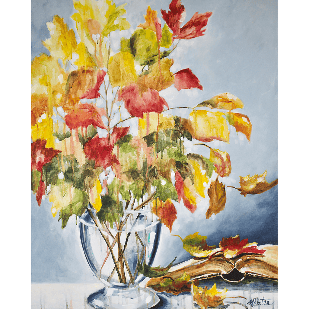 

A Time and A Season by Mindi Oaten, showing red and yellow autumn branches in a vase beside an open book.