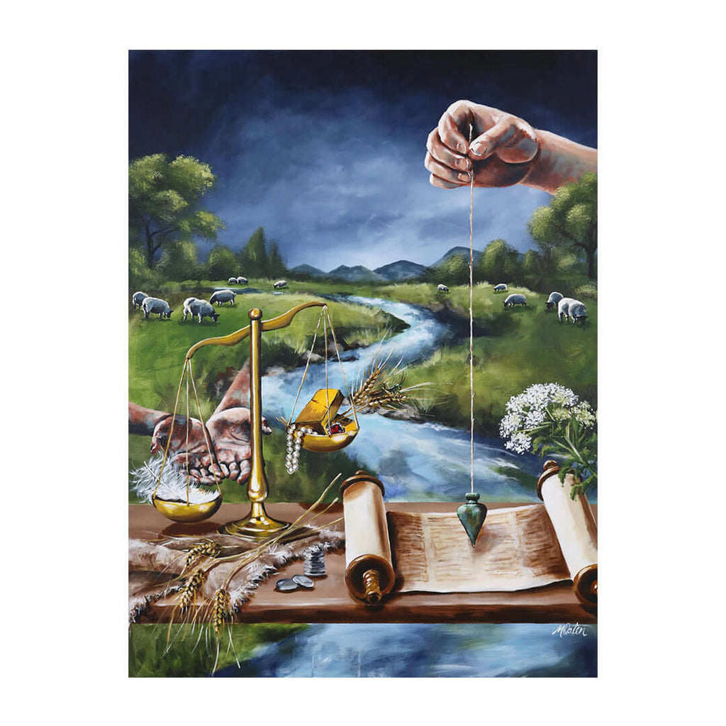 Amos Bible art by Mindi Oaten depicting Measures Injustice, inspired by the book of Amos.