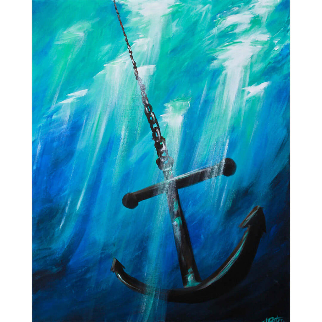 

Anchor for my Soul by Mindi Oaten, showing a dark anchor suspended in blue and turquoise water.