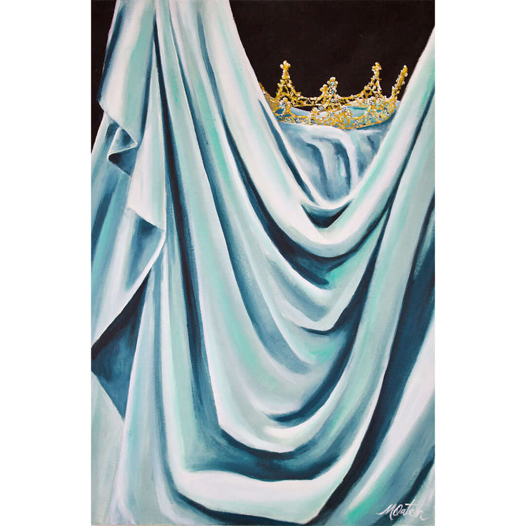 

Aqua Mantle by Mindi Oaten, showing a golden crown nestled in pale aqua drapery.