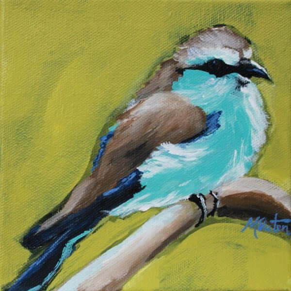 

Aria by Mindi Oaten, showing a blue and brown bird perched on a branch against green.
