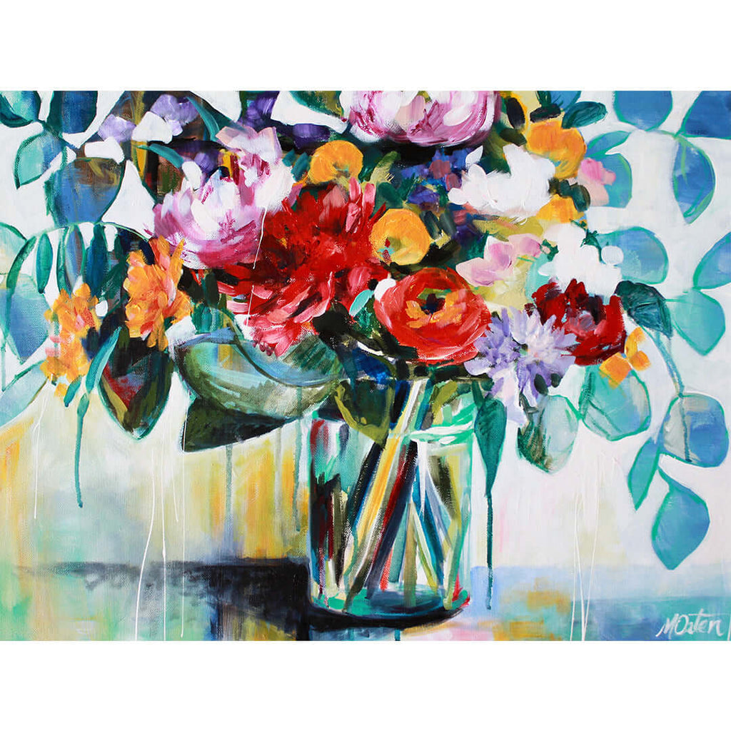

Beauty in Everything by Mindi Oaten, showing a colorful floral bouquet in a glass vase against turquoise and cream.