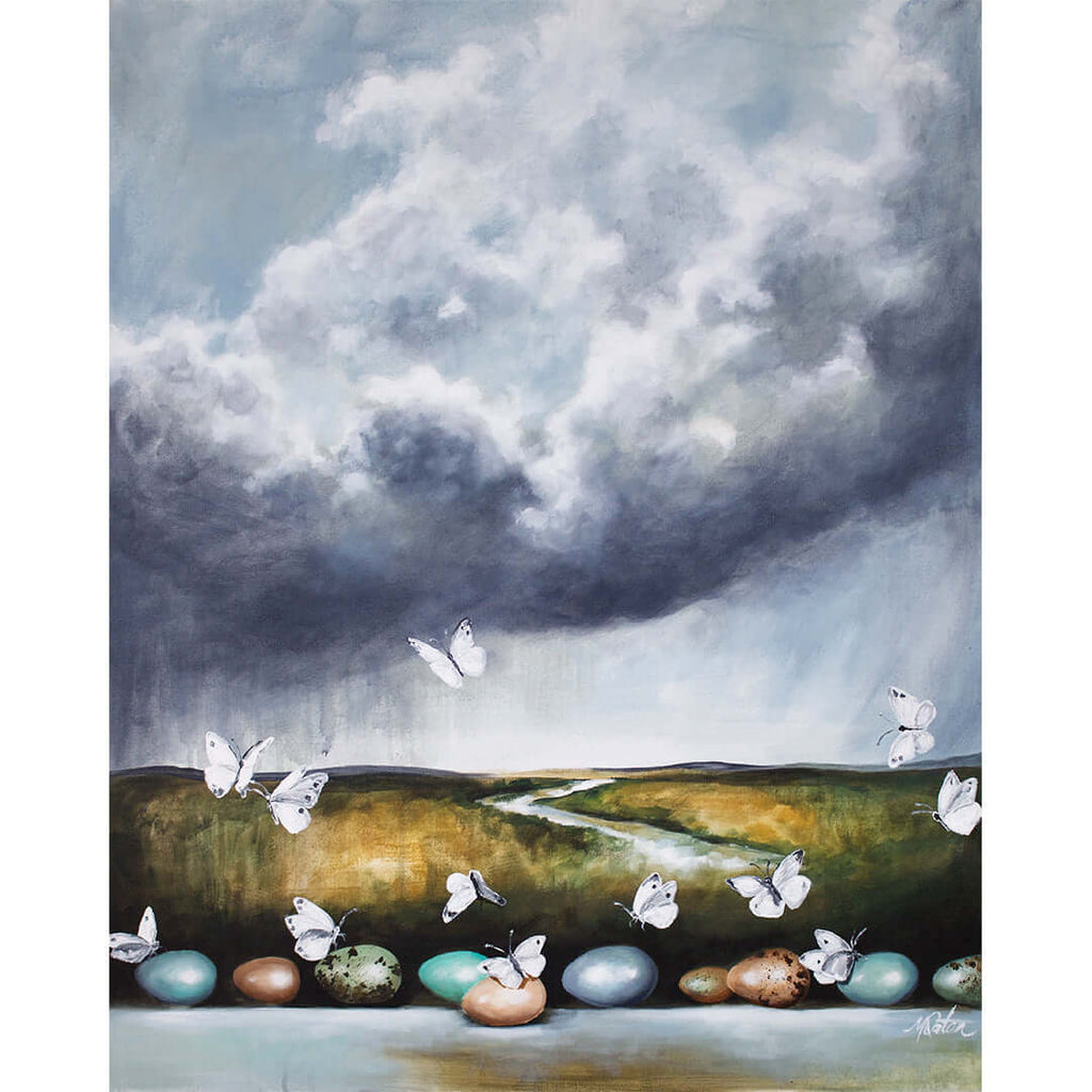 

Birthing Change by Mindi Oaten, showing a stormy sky over a landscape, with eggs and white butterflies in the foreground.