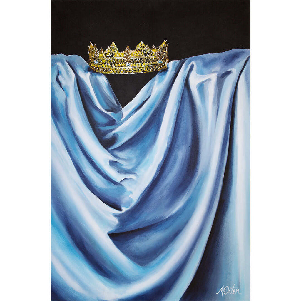 

Blue Mantle by Mindi Oaten, showing a golden crown above folds of blue fabric.