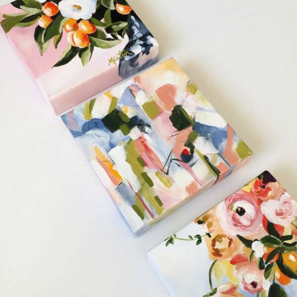 

Blush & Blue in Vase by Mindi Oaten: three coordinated floral and abstract paintings shown together.