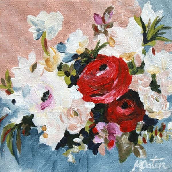 

Blush Bouquet by Mindi Oaten, showing white, pink and red flowers arranged in a blue vase.