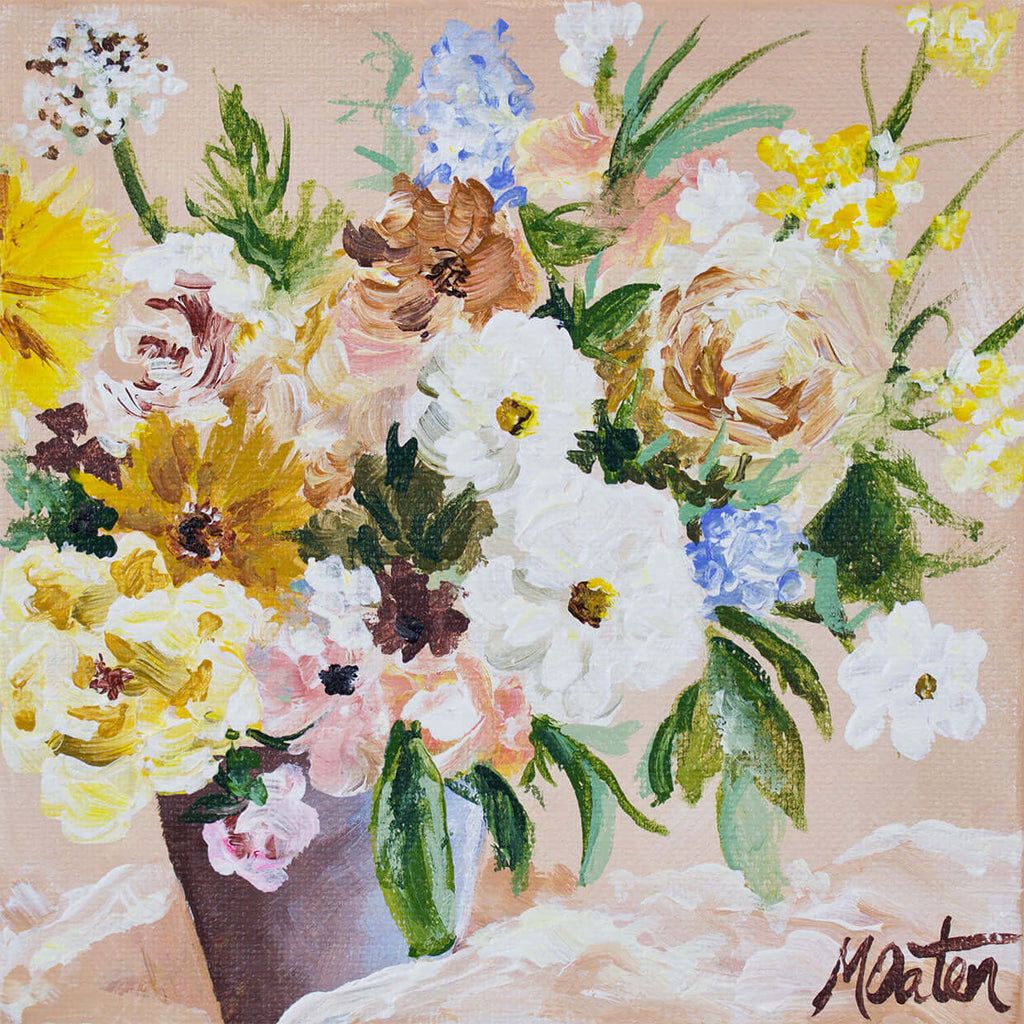 

Rustic Wildflowers by Mindi Oaten, showing a loose bouquet of white, yellow and pale pink wildflowers.