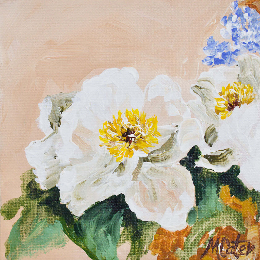 

Blushing Blossom by Mindi Oaten, showing large white blossoms with yellow centers against soft peach and green.