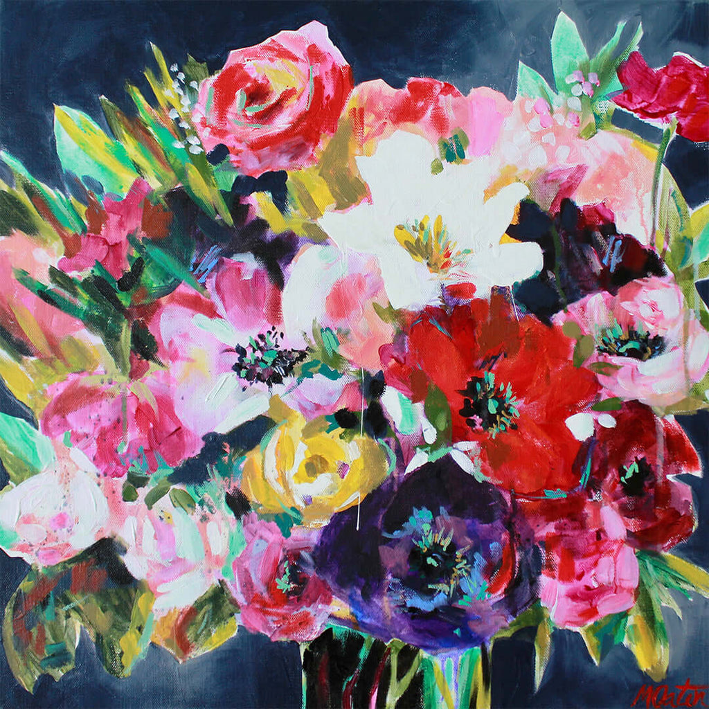 

Brighten Any Day by Mindi Oaten, showing a dense bouquet of pink, white, red and purple flowers.