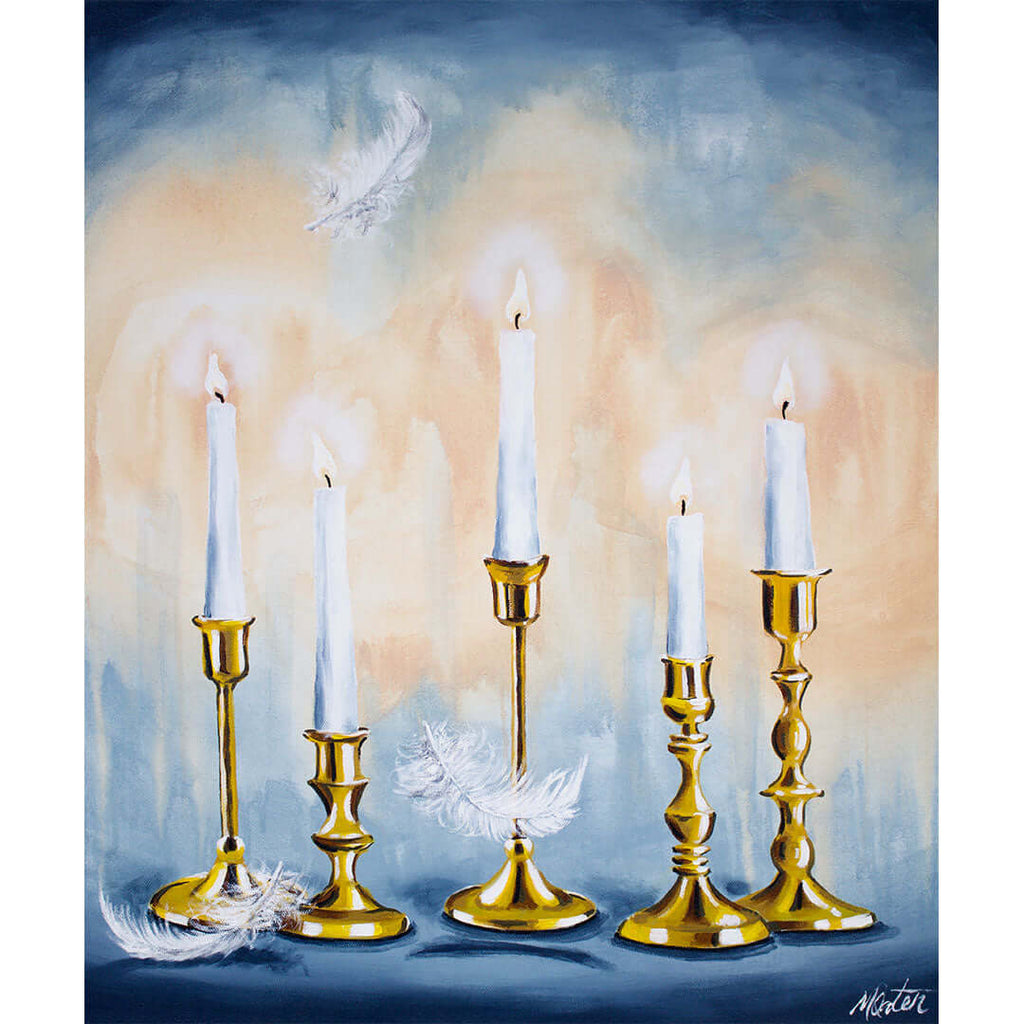 

Burning Bright by Mindi Oaten, showing five lit white candles in brass holders.