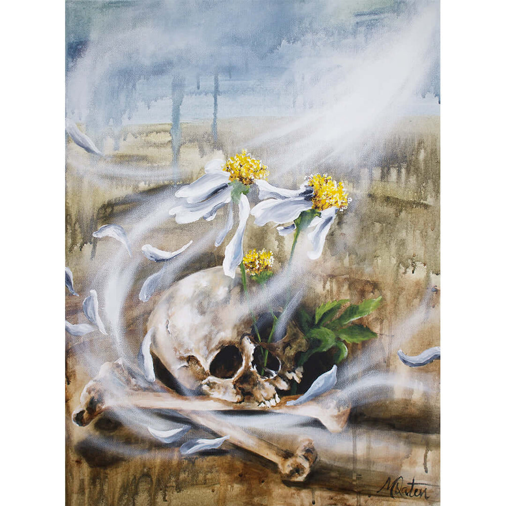 

Come, O Breath by Mindi Oaten, showing a skull, white fabric and small yellow flowers in a misty landscape.