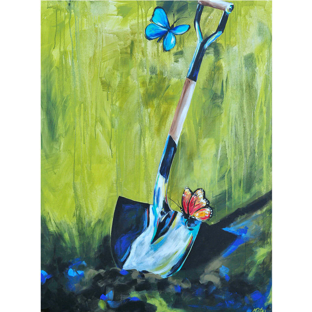

Cultivating Transformation II by Mindi Oaten, showing a garden spade with red and blue butterflies against bright green woodland.