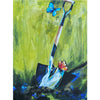

Cultivating Transformation II by Mindi Oaten, showing a garden spade with red and blue butterflies against bright green woodland.